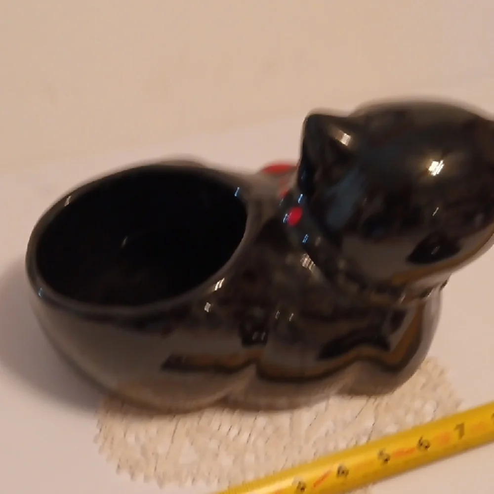 Vintage Whimsical Black Cat Cookie Jar with Red Bow